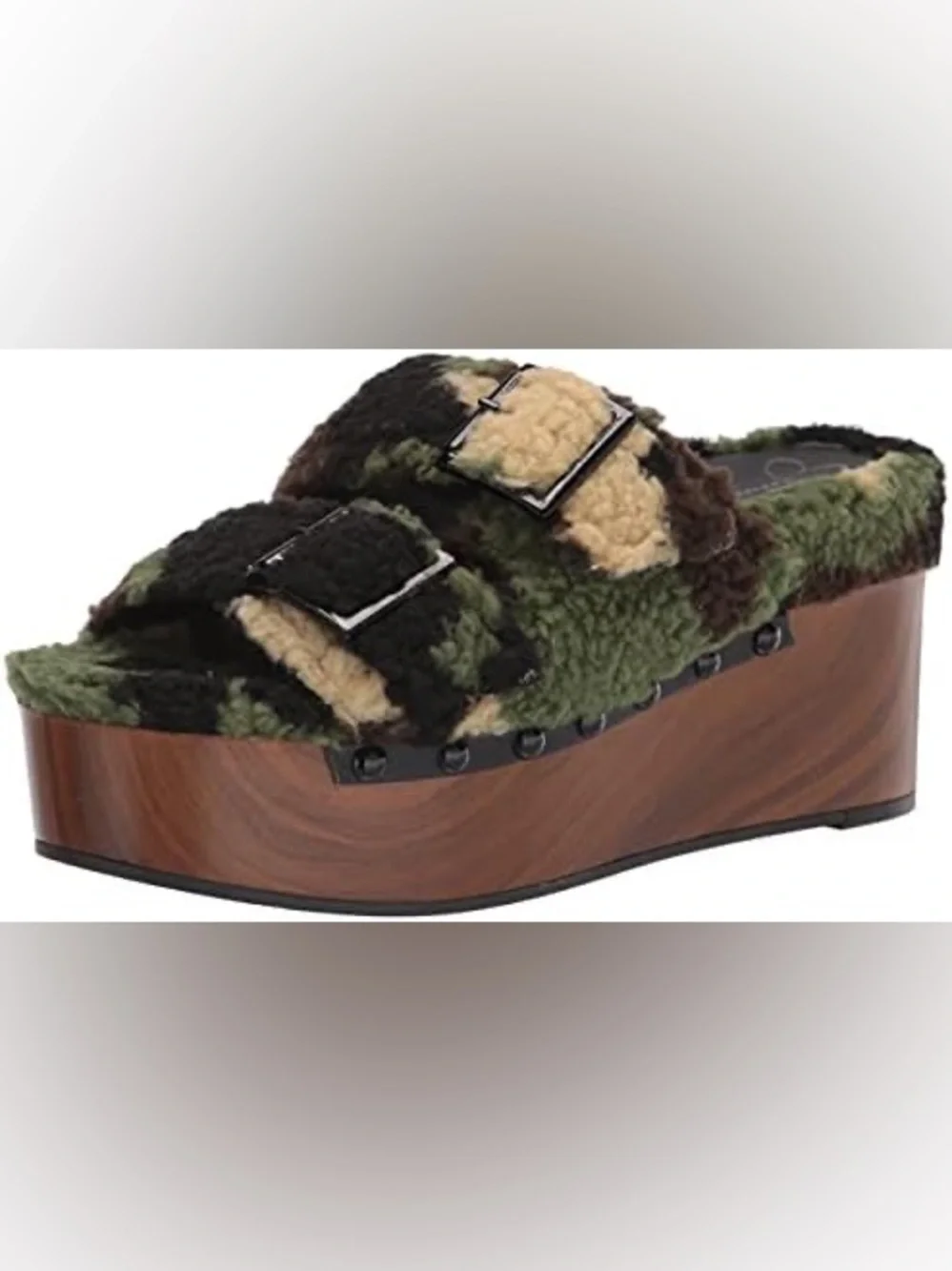 NWOB JESSICA SIMPSON Cyriss Faux Shearling Platform Slide Sandal -Camo